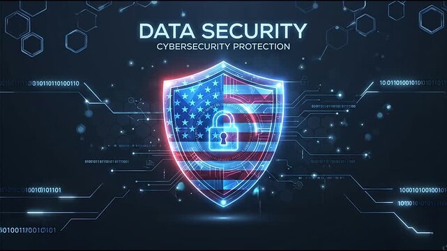 American flag shield with digital padlock animation representing advanced cybersecurity protection for sensitive corporate data in this modern motion video