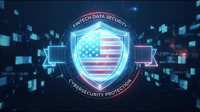 Glowing digital shield with american flag pattern providing robust fintech data security protection in this animated motion graphics video clip