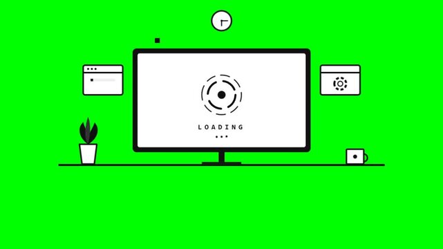 Minimalist line art computer loading screen animation on green background.