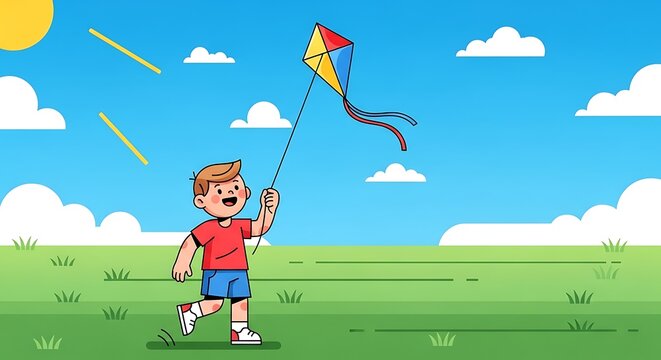 Boy Flying Kite Outdoors.