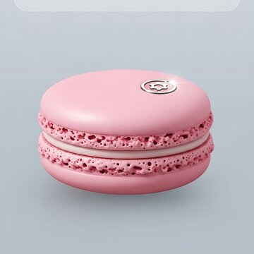 Pink macaron dessert with logo.