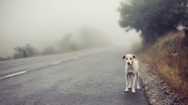 Lonely stray dog standing beside foggy roadside. Sad abandoned pet in empty rural landscape with misty atmosphere. Animal rescue, homelessness and loneliness concept