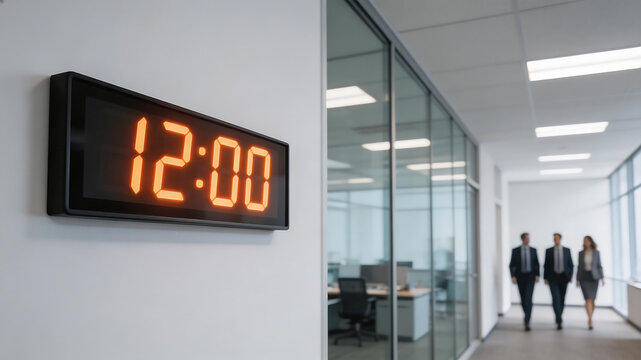 Office hallway with digital clock and people representing business agility and economic progress