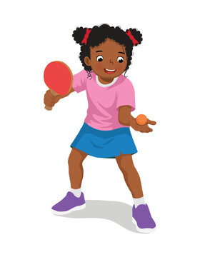 Little African girl playing table tennis in serving position ready to hit the ping pong ball with paddle
