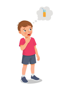 Little boy feels thirsty thinking about drinking a glass of orange juice