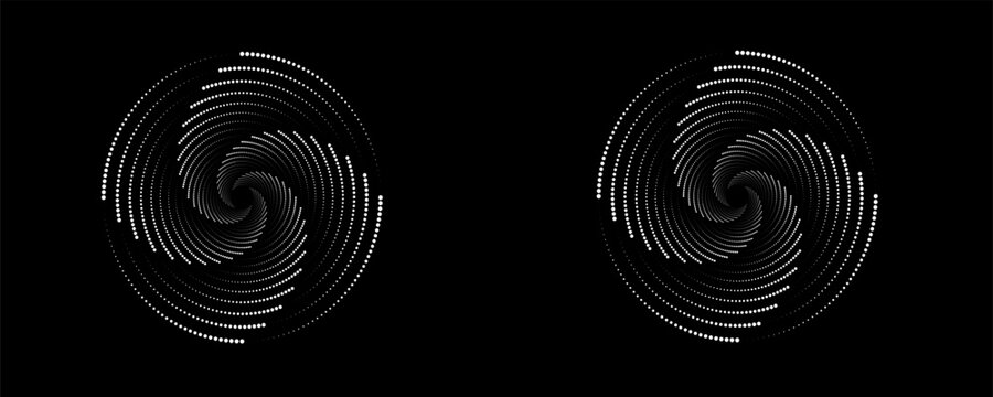 Set of speed lines in circle form. Radial speed Lines in Circle Form for comic books. Technology round Logo. Black thick halftone dotted speed lines.