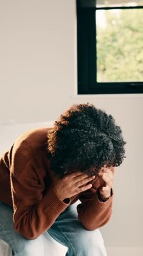 Sad, thinking and woman with stress in bedroom for emotional distress, midlife crisis and anxiety. Mental health, african person and overthinking in home for unresolved regret, reflection and worry