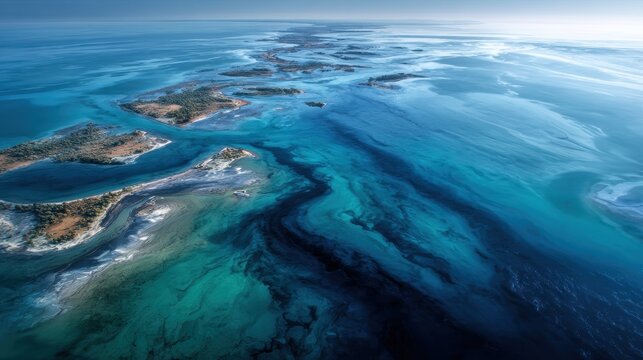 Dark crude oil spreads through shallow turquoise water in a tropical lagoon, affecting surrounding white sand islands and the environment.