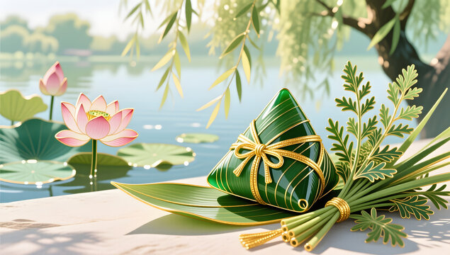 Dragon Boat Festival zongzi and lotus in national style