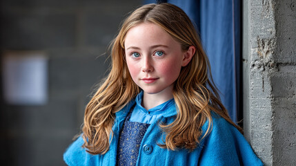 Naklejka premium Portrait of a young caucasian girl with long hair wearing a blue jacket looking at the camera