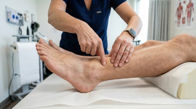 Medical specialist examining the patient ankle tendon in a clinic