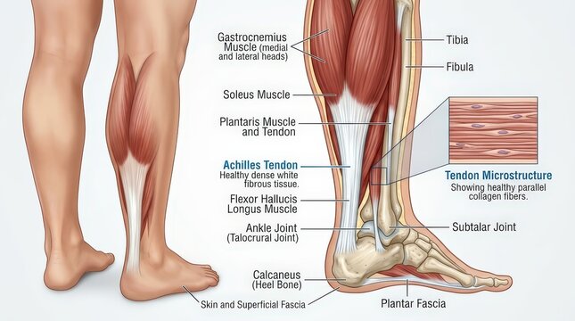 Detailed medical illustration of leg muscles and ankle tendon