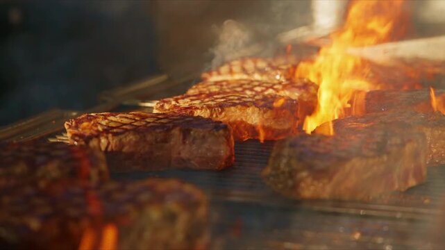 Premium beef steaks sizzling on open flame grill in super expensive restaurant. Juicy meat with perfect grill marks cooking over fire with smoke rising in slow motion close-up.