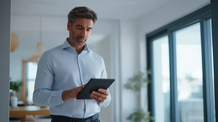 Fototapeta premium Business man using tablet in modern home interior, real estate agent reviewing market data with digital device