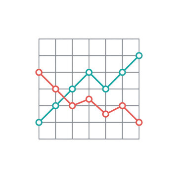 Two lines on a grid chart showing contrasting trends, one increasing and one decreasing.