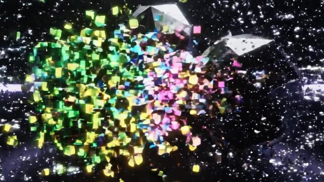 Abstract Exploding Sphere with Colorful Cubes Particles in Dark Space