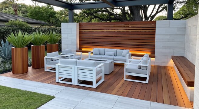 Patio deck with luxury modern lounge furniture on backyard outdoor wood seating