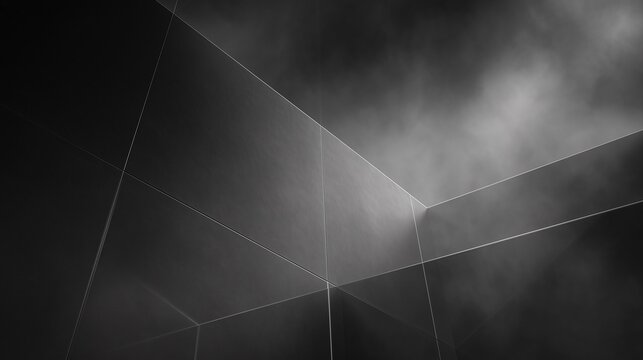Dark metallic geometric background with silver lines and soft smoke