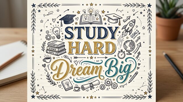 Inspirational study hard dream big hand drawn academic poster.