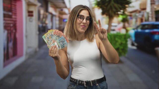 Woman holding a fan of australian dollars in her bare hand, raising right index finger in a busy street storefront; confidence success.
