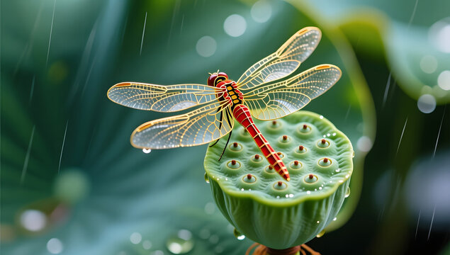 Enamel watercolor illustration of a red dragonfly resting on a green lotus pod for Xiaoshu