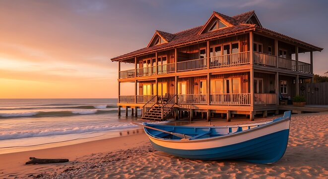 Traditional wooden house on stilts at sunset.