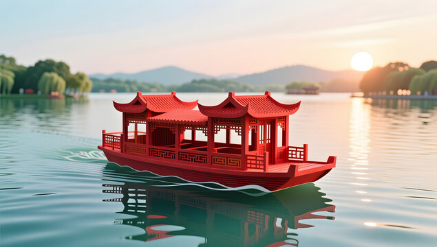 Red boat sailing on South Lake for CPC Day