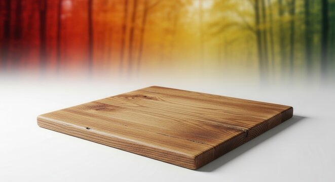 Empty wooden board on a blurred autumn forest background.