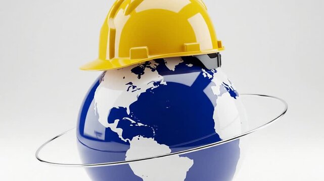 Earth globe wearing a yellow safety hard hat on white background