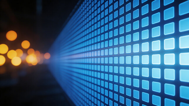 Blue grid pattern with bokeh lights ideal for sleek commercial backgrounds and title sequences