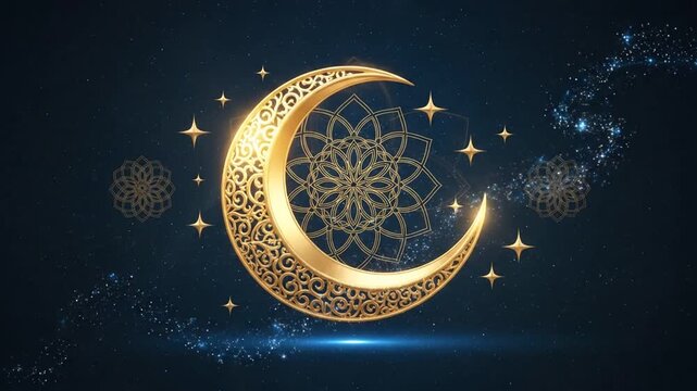 Golden crescent moon with intricate patterns and blue sparkling light trails in night sky.