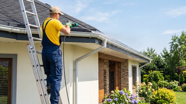 Worker on ladder cleaning roof shingles and gutter with pressure washer. Home maintenance, exterior cleaning, repair service and property care concept.
