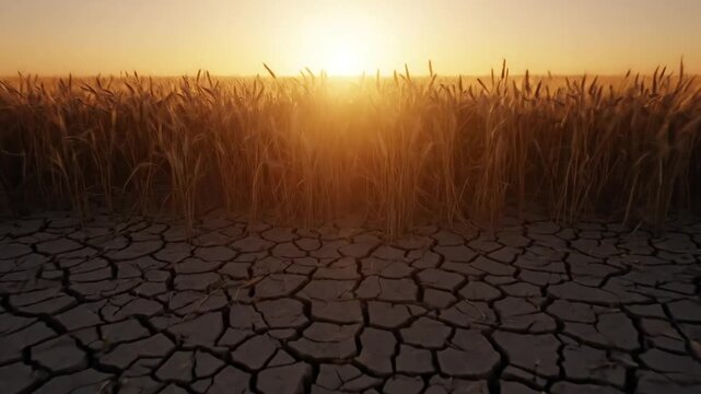 Golden sunset over parched cracked earth and wheat field landscape.