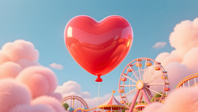 Dreamy scene of a giant heart balloon in an amusement park for 520 Valentine's Day