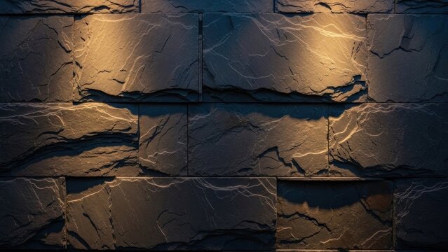 A dimly lit stone wall with rough-hewn blocks and warm glowing lights