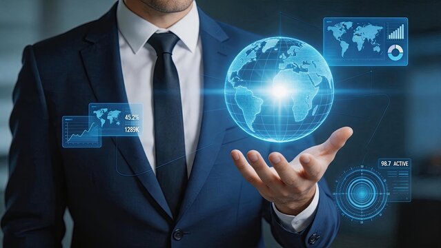Businessman holding holographic earth globe with data analytics charts, global network connection, international trade, worldwide communication and futuristic technology