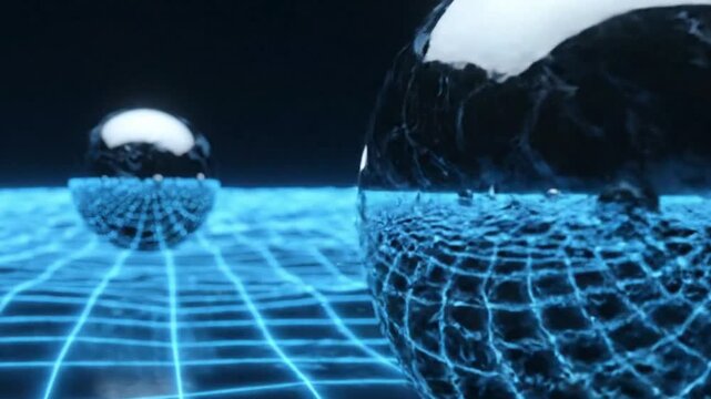 Abstract Futuristic Blue Grid World with Reflective Spheres, Science Concept