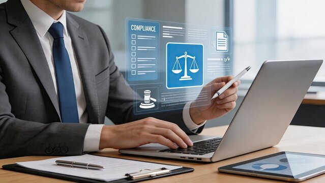 Corporate lawyer or compliance officer reviewing legal documents on tablet, justice scales and law concept for business regulation and regulatory adherence in modern office
