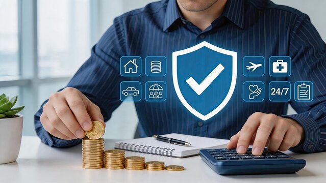Man stacking coins with insurance shield icon, financial planning and asset protection concept including health travel home coverage for savings investment and money management