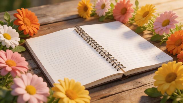 Open notebook surrounded by colorful flowers for compelling visual storytelling and engaging ads
