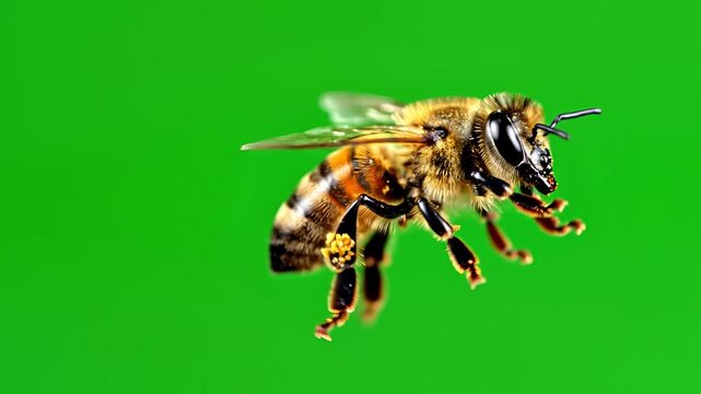 Closeup Macro Shot of a Honey Bee Flying Against a Vibrant Green Background.