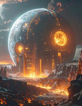 Massive Alien Megastructure Cityscape on a Volcanic Planet.