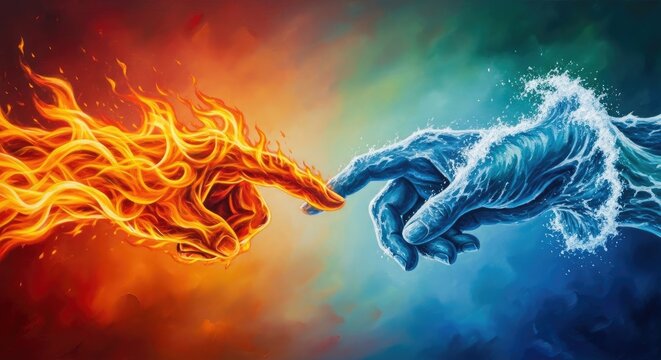 Fire and ice opposing forces concept.