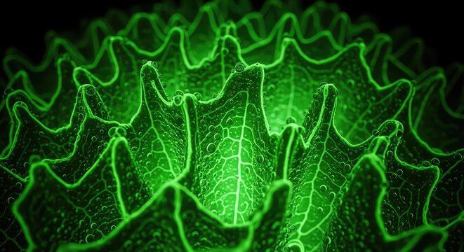Fluorescent green leaf microscopic view.