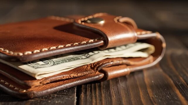 Closeup of a Brown Leather Wallet Filled with US Dollar Bills on a Wooden Surface.