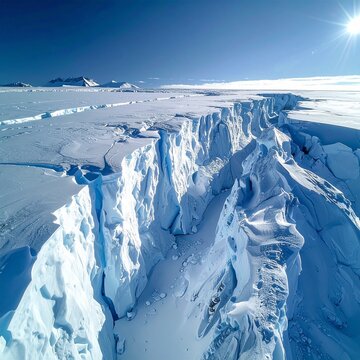 Vast Crevasse in Antarctic Ice Sheet Under Bright Sunlight.