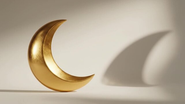 Minimalist golden crescent moon sculpture casting a shadow on white wall