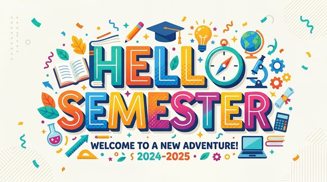 Playful hello semester banner with school icons.