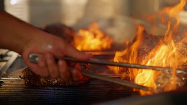 Juicy beef steaks sizzle on a hot commercial grill as dramatic orange flames rise and engulf seasoned meat, with a chef using metal tongs to carefully turn cuts in a professional restaurant kitchen.