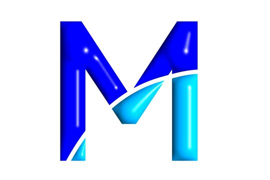 the letter "M" in dark blue and light blue on a white background.Creative alphabet letters design featuring stylish typography, colorful ABC characters, and modern educational elements perfect for lea